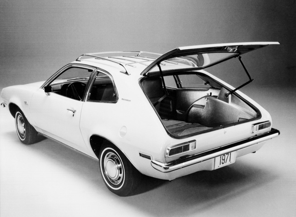 The hatchback door of a Ford Pinto Runabout stands open for a publicity photo shortly before the car's introduction as Ford's new subcompact car at the 1971 Chicago Auto Show. Detroit, Michigan.