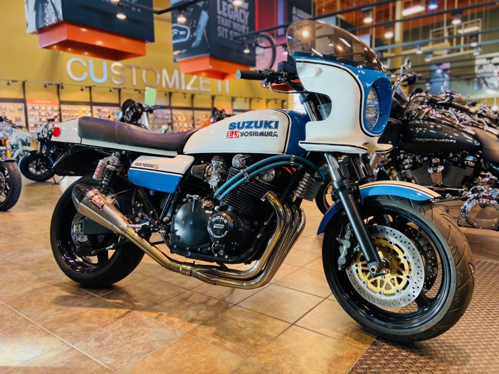 A blue-and-white 1979 Suzuki GS1000S Yoshimura homage