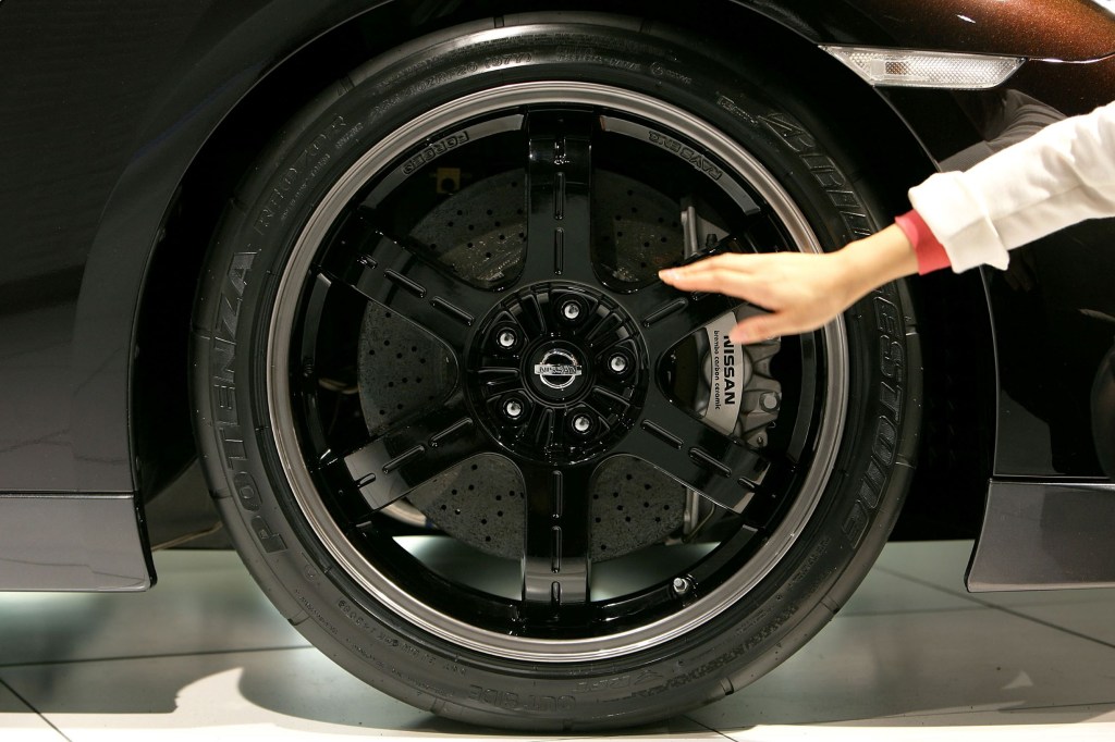 A closeup of the 2009 Nissan GT-R's carbon-ceramic brakes