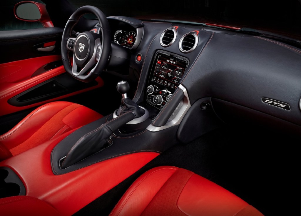 The 2013 SRT Viper GTS's red-leather front seats and black dashboard