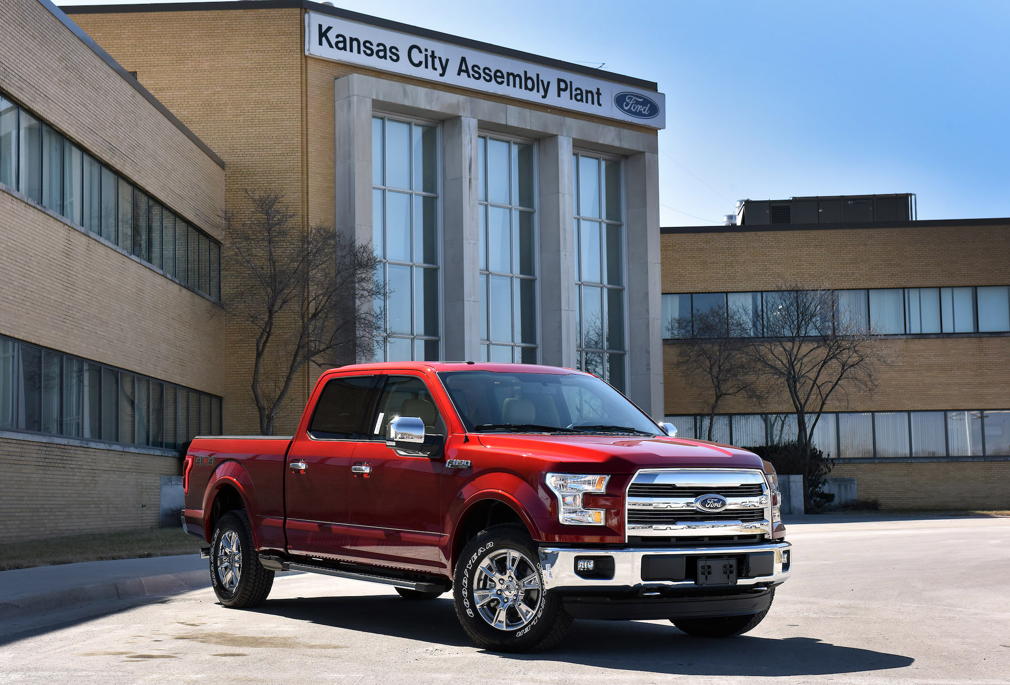 A red 2015 Ford F-150 sits outside the Kansas City Assembly Plant