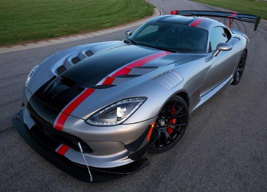 A silver-black-and-red 2016 Dodge Viper ACR on a racetrack