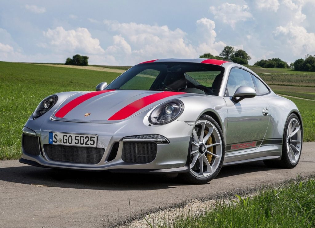 A silver-and-red 2016 Porsche 911 R
