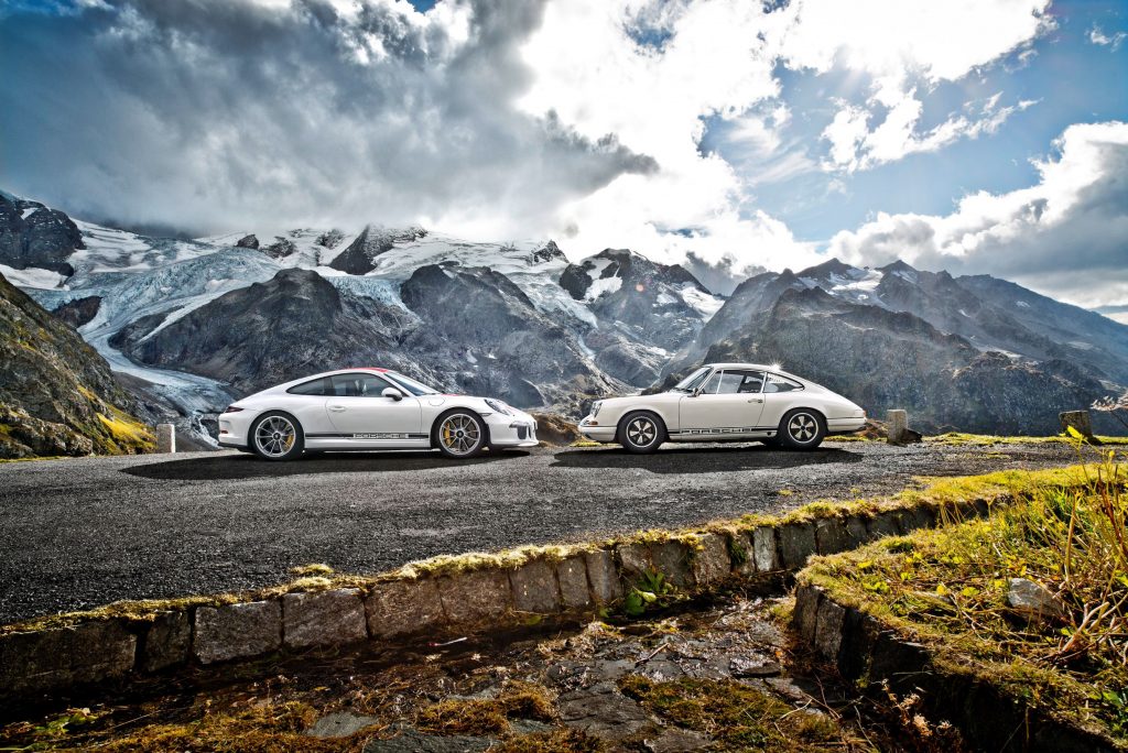 A white 2016 Porsche 911 R with a white 1967 Porsche 911 R