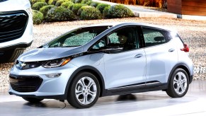 The all-electric Chevrolet Bolt EV is shown on-stage after it won the Car of the Year Award at the 2017 North American International Auto Show on January 9, 2017, in Detroit, Michigan.