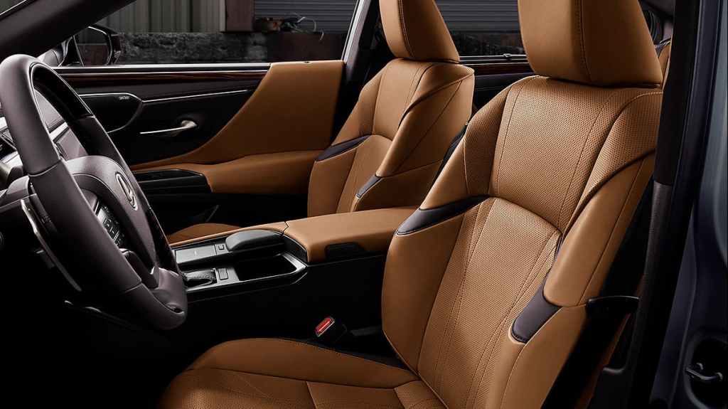 A 2019 Lexus ES 350 interior with brown leather. 