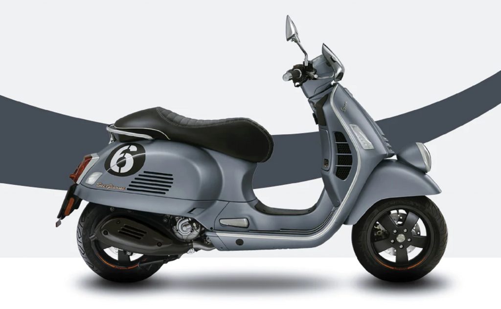 The side view of a gray 2019 Vespa Sei Giorni 300