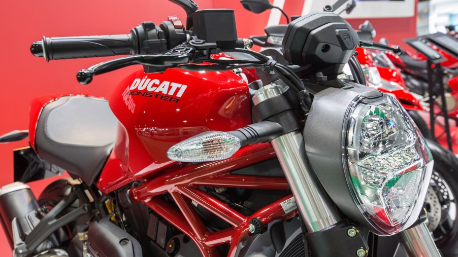A red 2020 Ducati Monster motorcycle seen at the Ducati stand during the 41st Bangkok International Motor Show 2020.