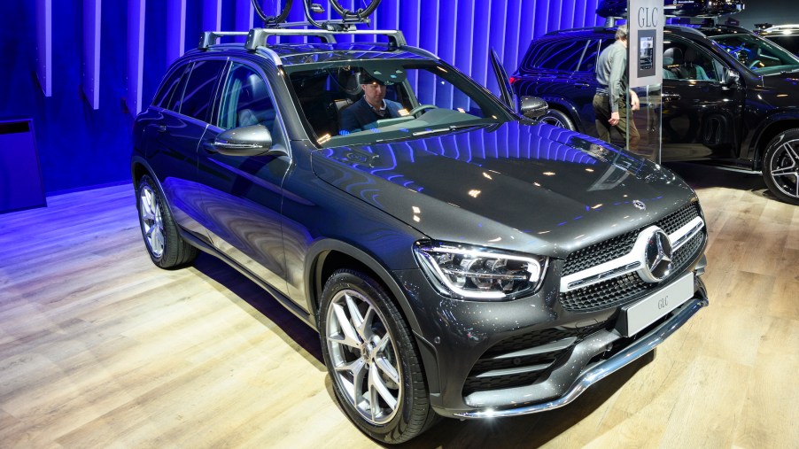 A dark-gray metallic Mercedes-Benz GLC luxury crossover SUV on display at Brussels Expo on January 9, 2020, in Brussels, Belgium.