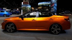 A 2020 Nissan Sentra on display at an auto show