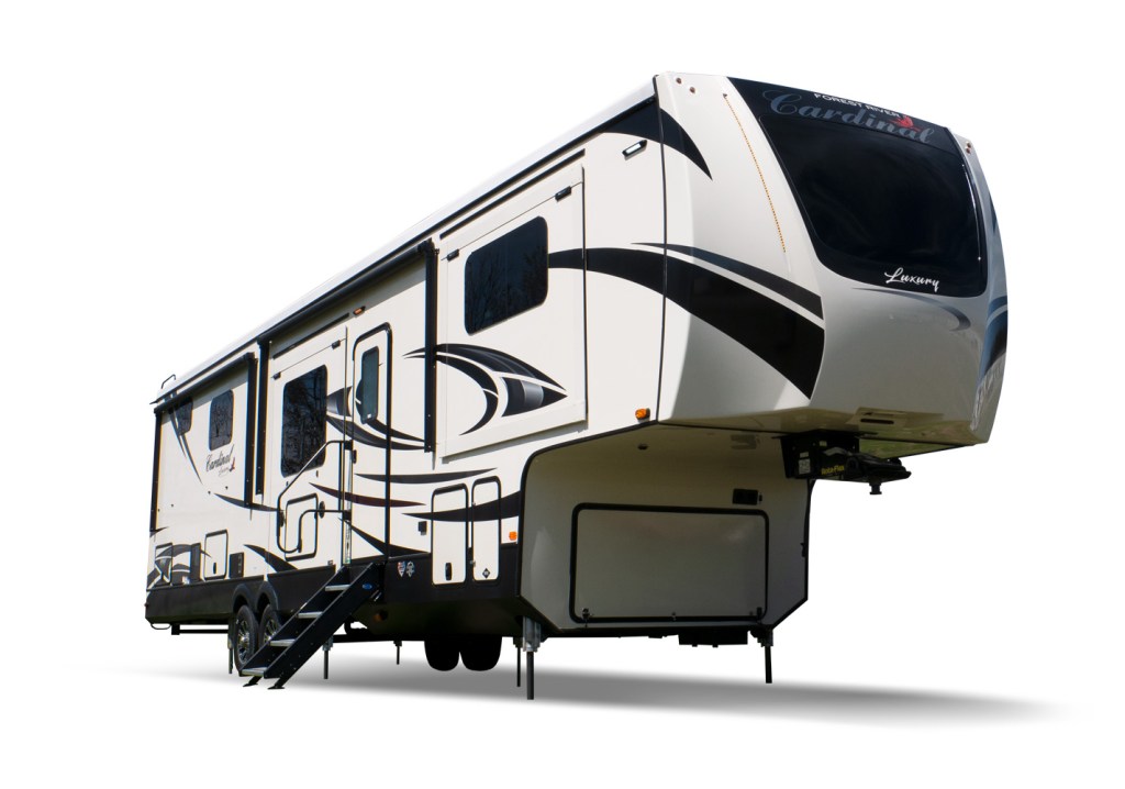 The parked 2021 Cardinal luxury fifth-wheel RV.