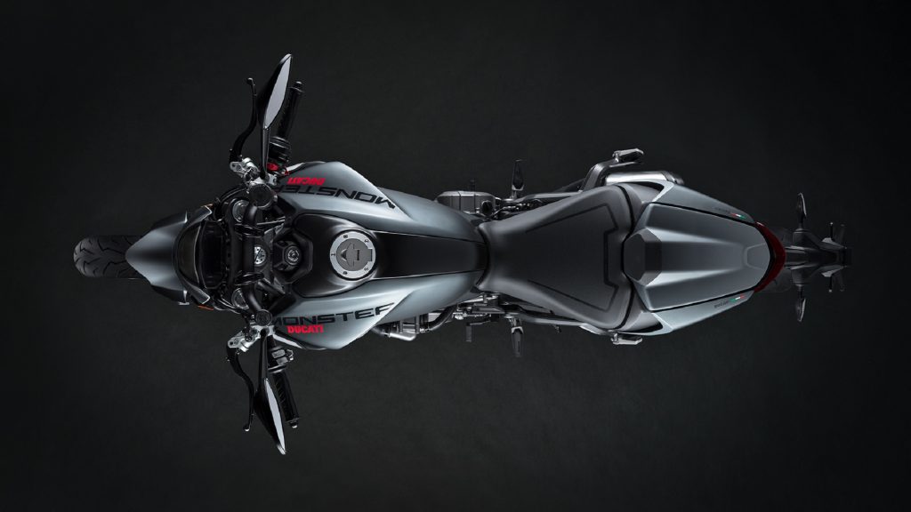 An overhead view of a gray 2021 Ducati Monster