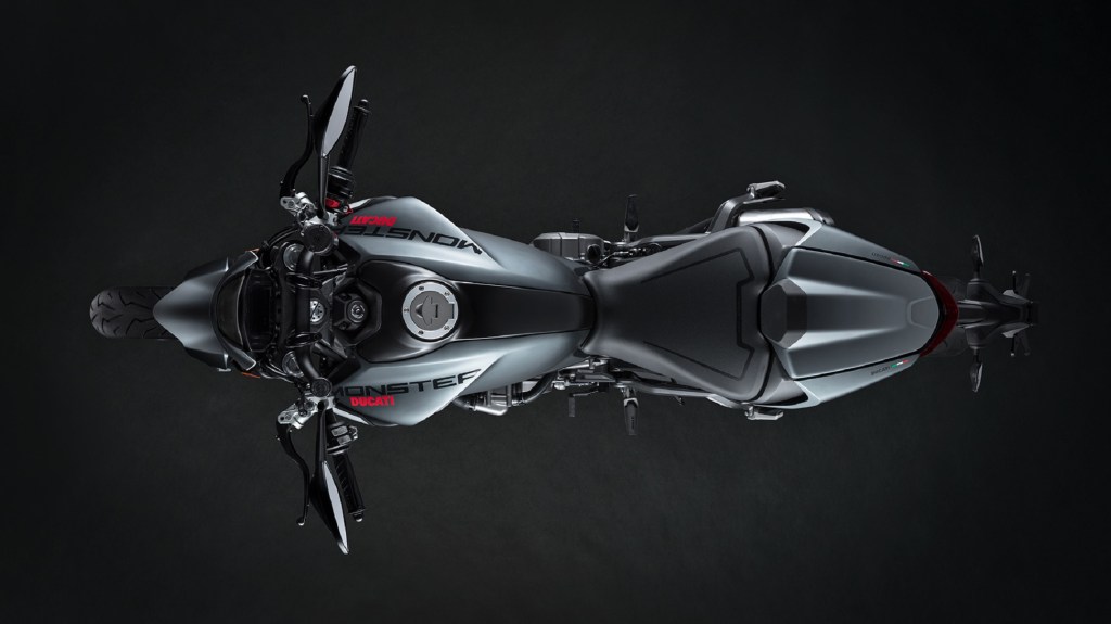 An overhead view of a gray 2021 Ducati Monster