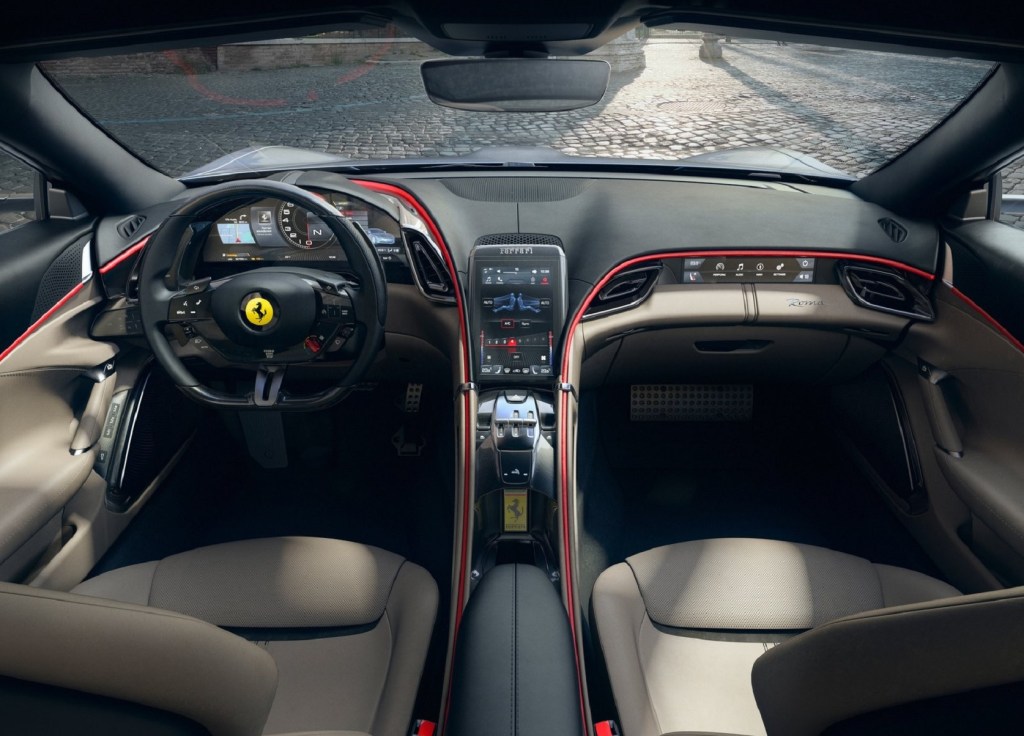 The 2021 Ferrari Roma's dashboard and tan-leather front seats