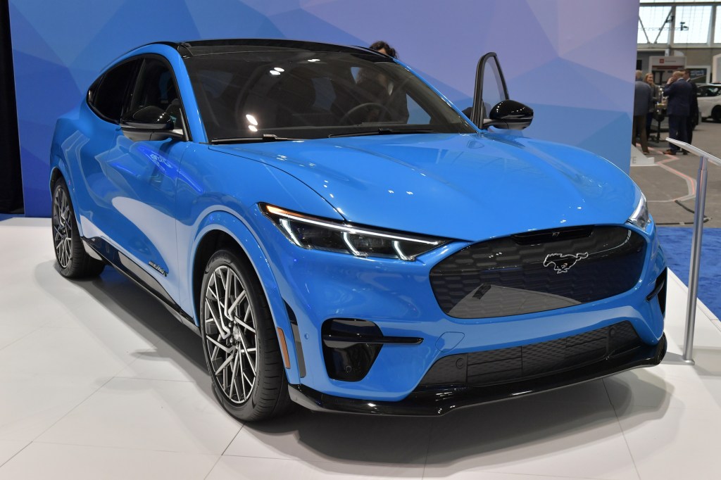 An electric Ford Mustang Mach-E is seen at the 2020 New England Auto Show Press Preview at Boston Convention & Exhibition Center on January 16, 2020. in Boston, Massachusetts.