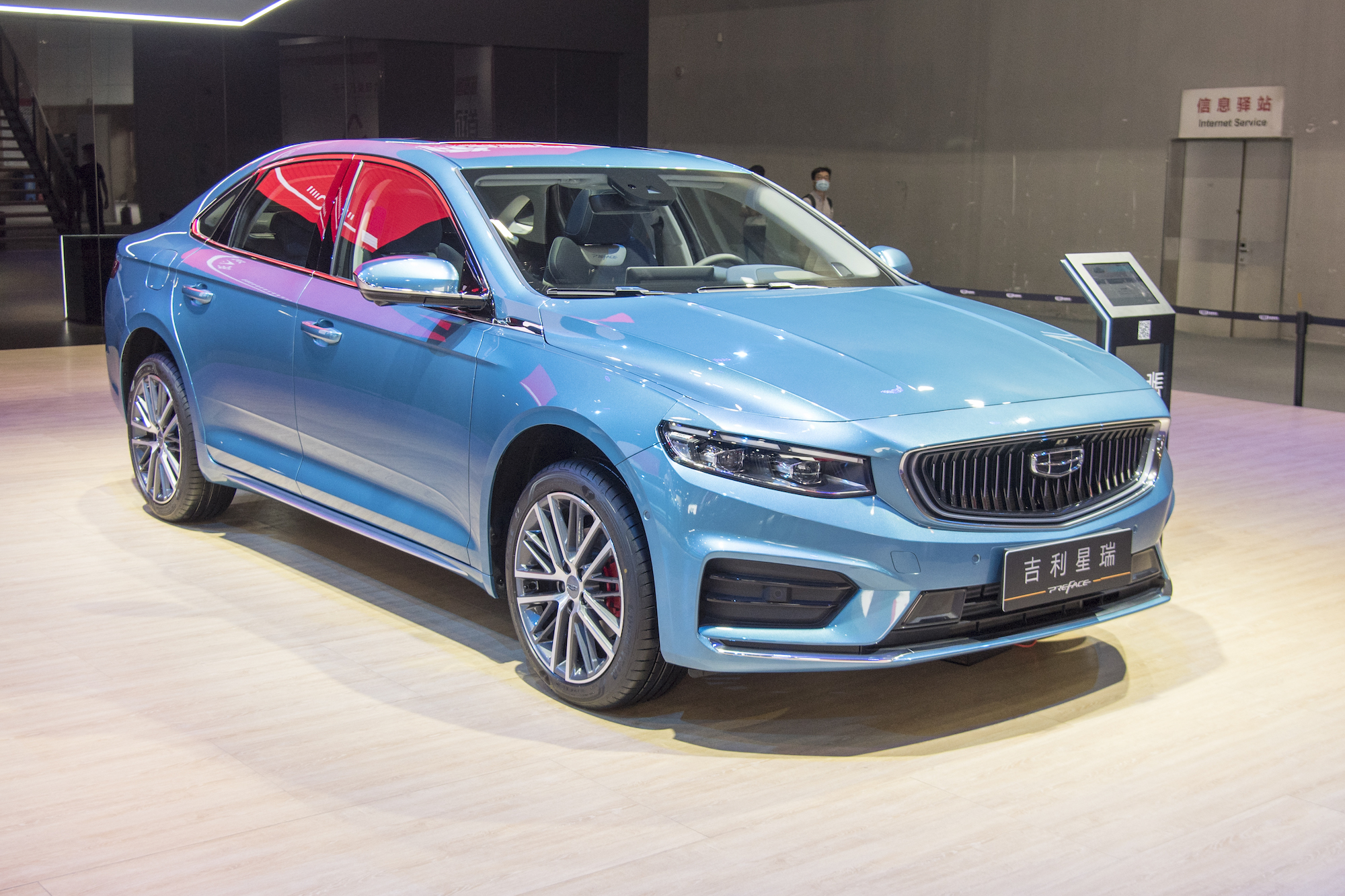 A sky-blue 2021 Geely Preface sedan is on display at the 18th Guangzhou International Automobile Exhibition at China Import and Export Fair Complex on November 20, 2020, in Guangzhou, Guangdong Province of China.