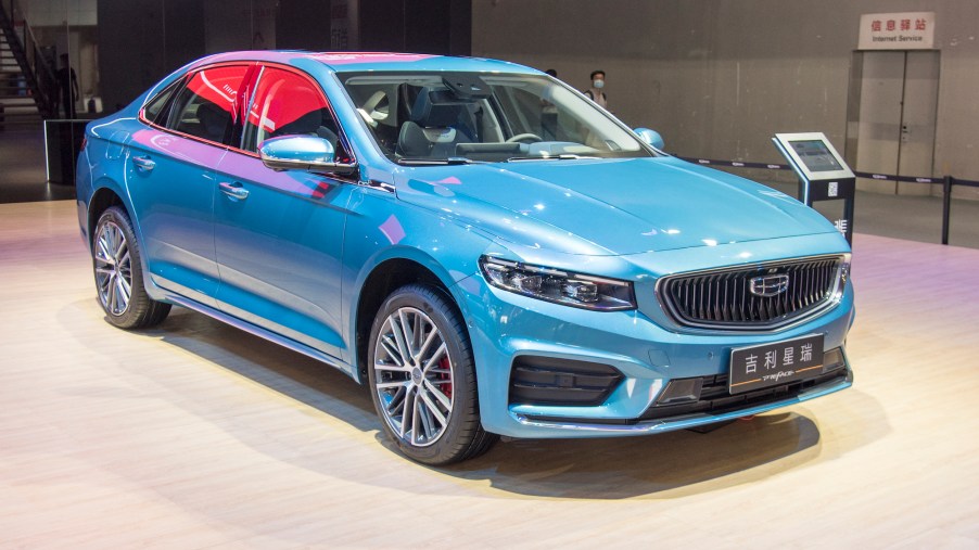 A sky-blue 2021 Geely Preface sedan is on display at the 18th Guangzhou International Automobile Exhibition at China Import and Export Fair Complex on November 20, 2020, in Guangzhou, Guangdong Province of China.