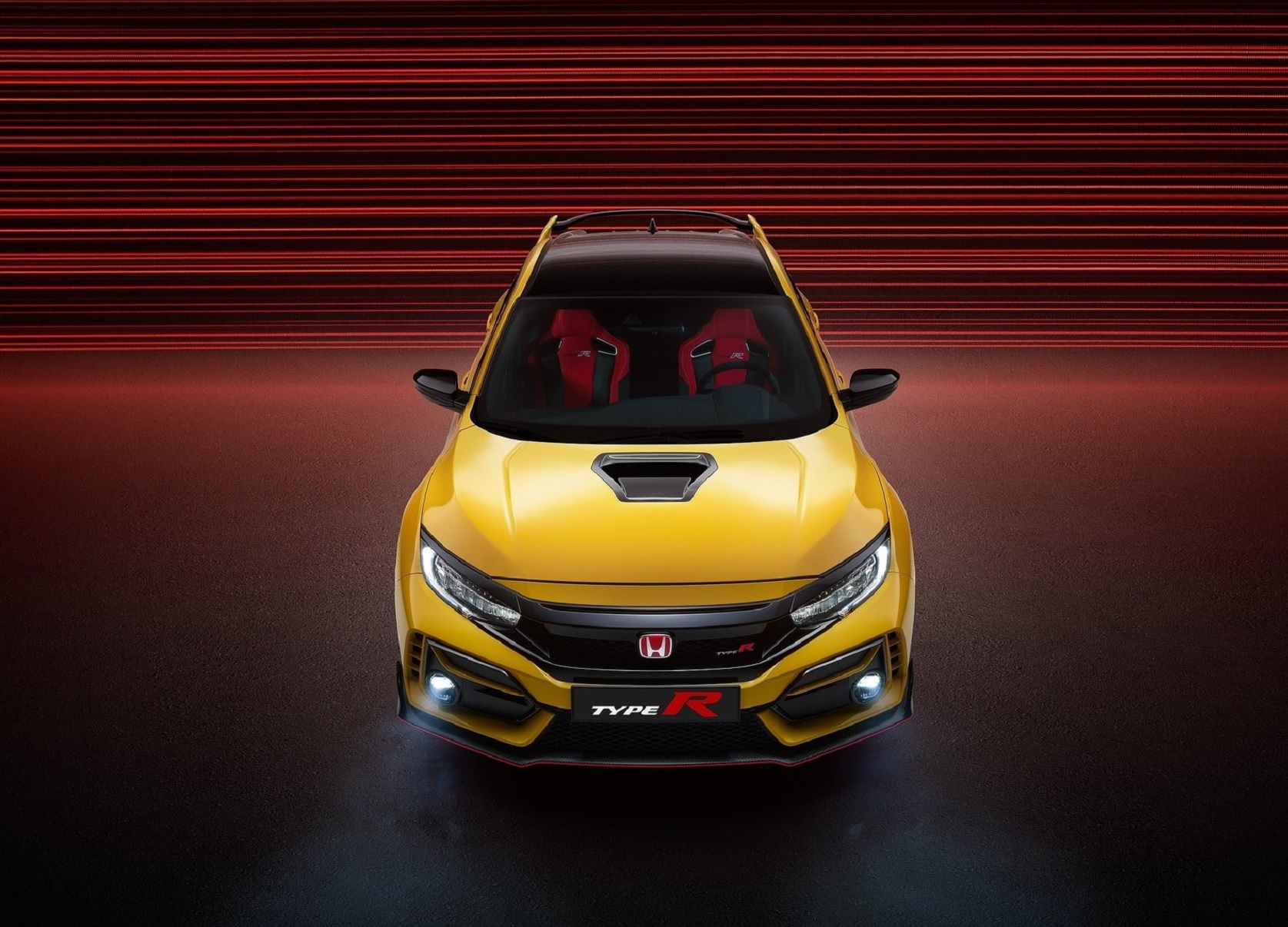 Overhead front view of the yellow 2021 Honda Civic Type R Limited Edition