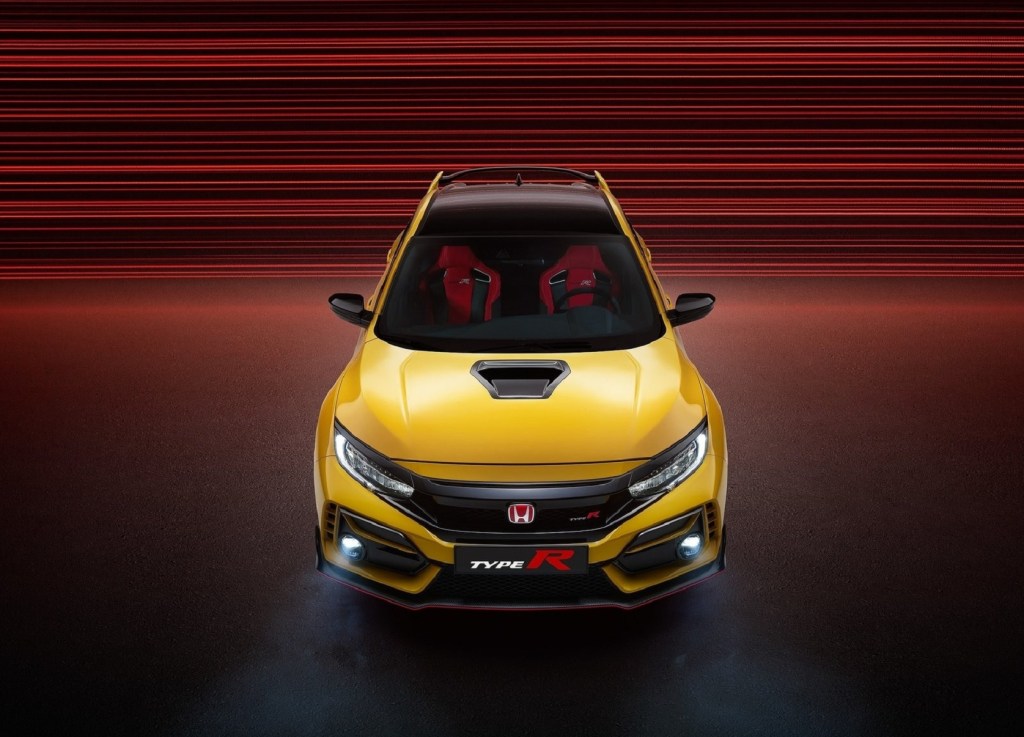 Overhead front view of the yellow 2021 Honda Civic Type R Limited Edition