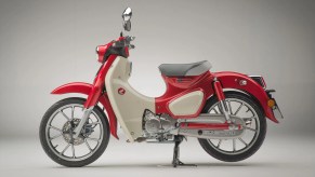 The side view of a red-and-white 2021 Honda Super Cub C125 ABS