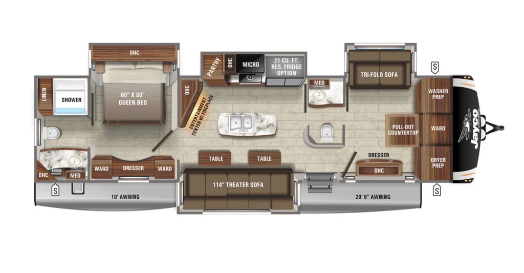 The floorplan for the 2021 Eagle 340DROK travel trailer RV by Jayco.