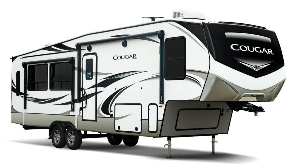The 2021 Cougar 357UMR Fifth-Wheel RV detached from a tow rig.