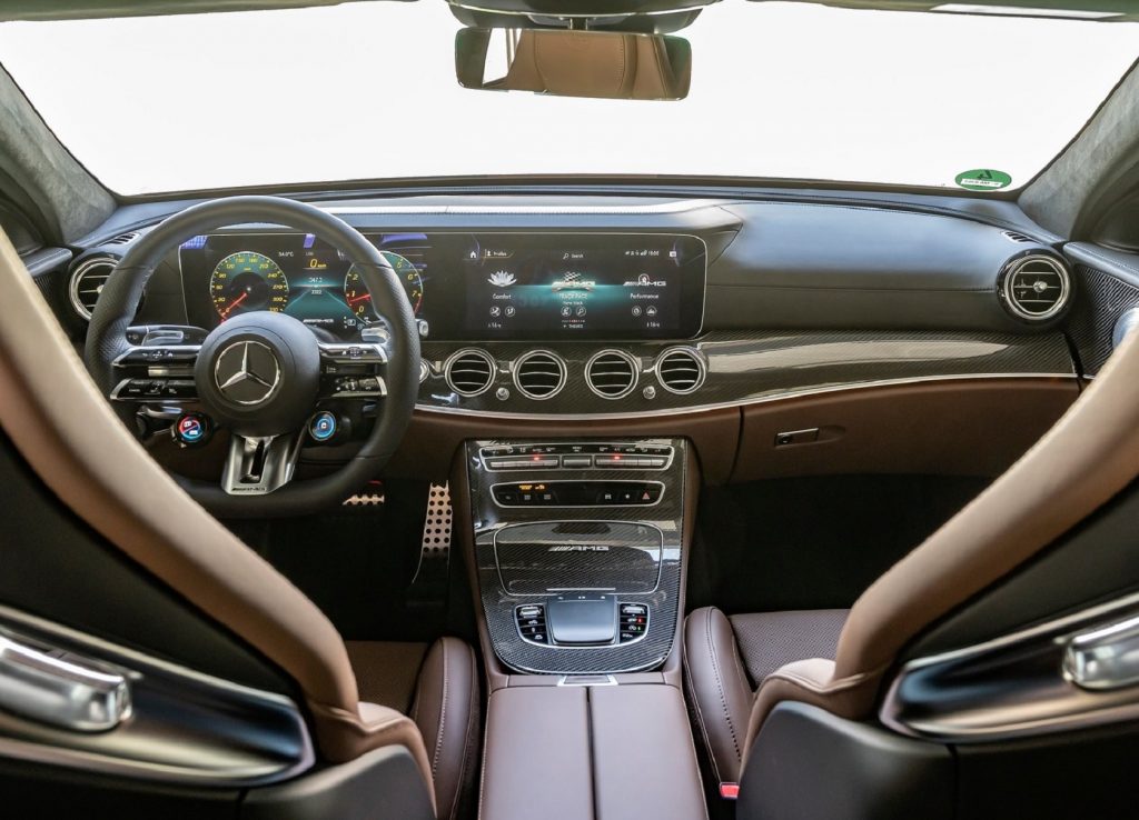 The 2021 Mercedes-AMG E 63 S Wagon's front seats and dashboard