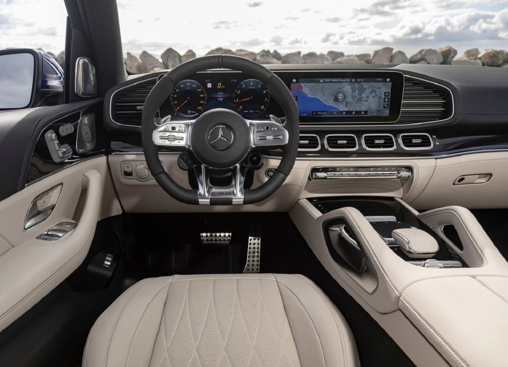 The 2021 Mercedes-AMG GLE 63 S's light-tan-leather front seats and black dashboard