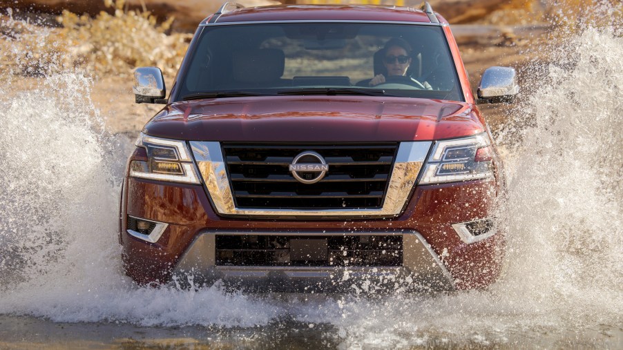 The 2021 Nissan Armada offers a rugged yet refined exterior that matches its capability, with a more squared and chiseled appearance from the A-pillars forward. The new front fenders, grille, and bumper are framed by a new LED headlight design with more than 50 LEDs in each headlamp, helping create a wide, bright headlight pattern.