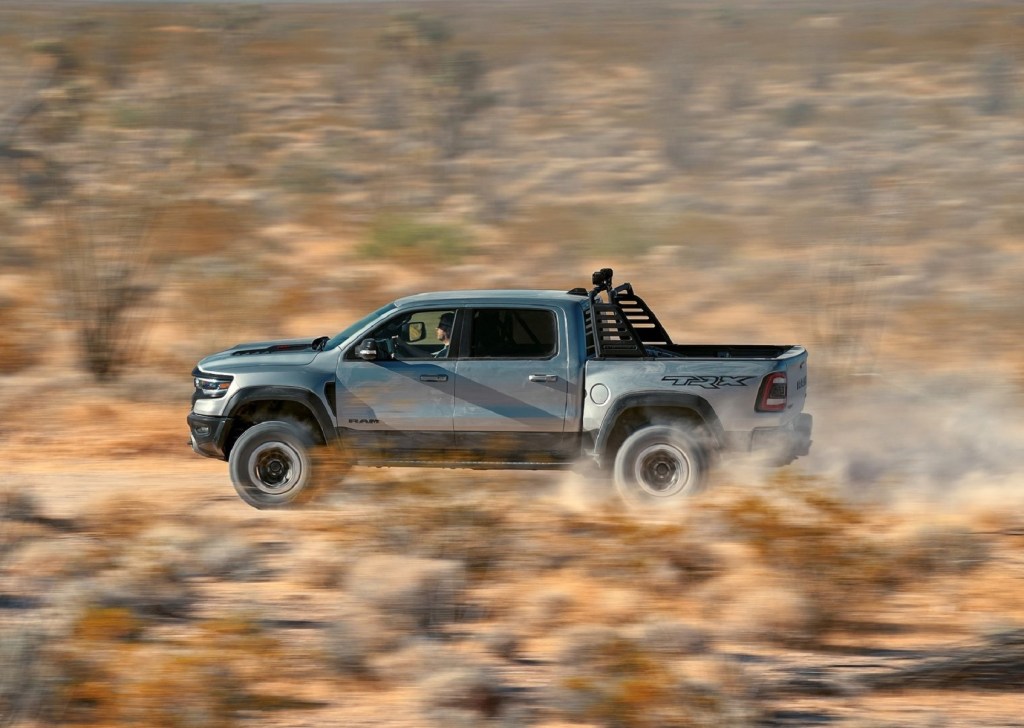 A gray 2021 Ram 1500 TRX 1st Edition races through the desert