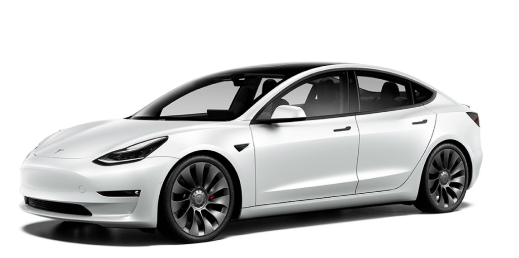 A white 2021 Tesla Model 3 Performance