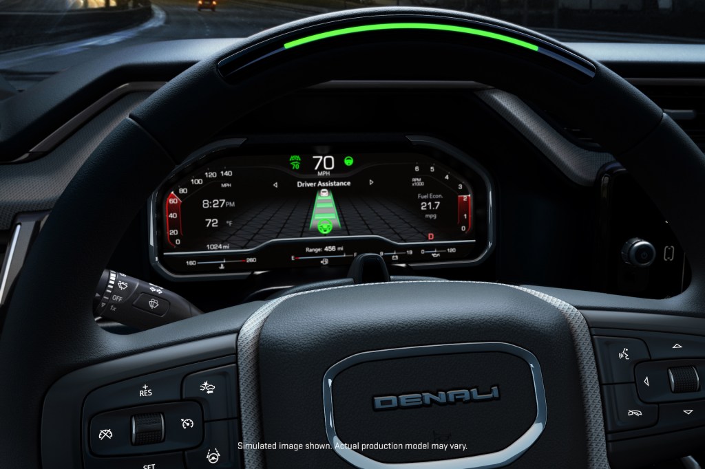 An image of the dashboard of a 2022 GMC Sierra featuring the Super Cruise driver assist system.