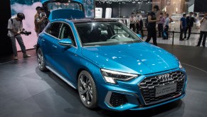 Some observers think the 2022 Honda Civic resembles an Audi A3. This Audi A3 Sportback vehicle is on display during the 18th Guangzhou International Automobile Exhibition at China Import and Export Fair Complex on November 20, 2020, in Guangzhou, Guangdong Province of China.
