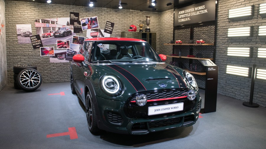 A BMW Mini John Cooper Works on display during 2020 Beijing International Automotive Exhibition (Auto China 2020) at China International Exhibition Center on September 26, 2020, in Beijing, China.