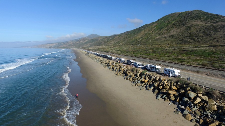 Campers park next to Faria Beach for the Presidents Day weekend February 15, 2020, in Ventura, California.