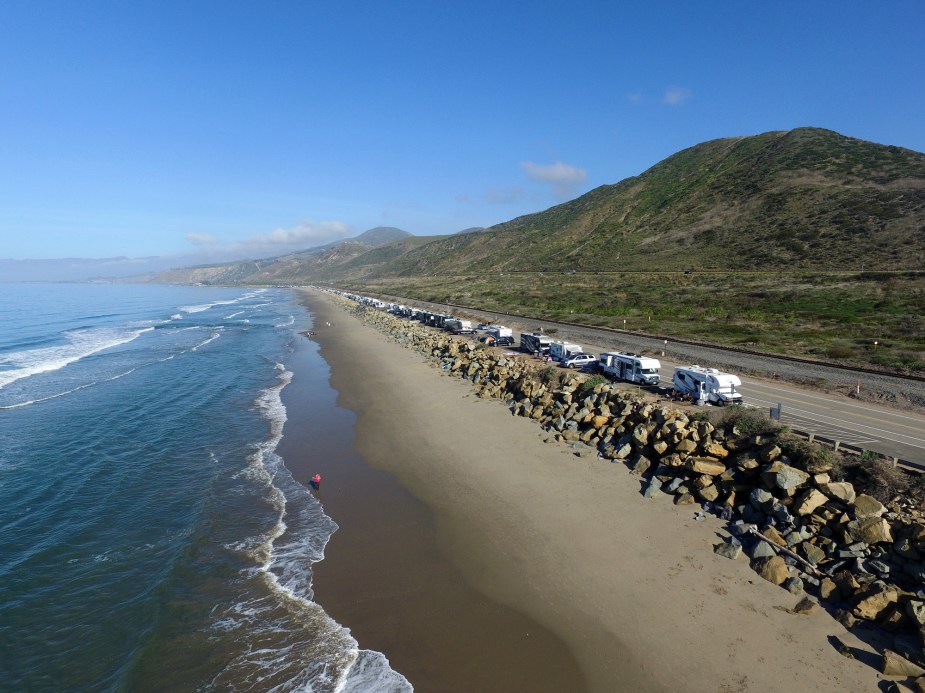 Campers park next to Faria Beach for the Presidents Day weekend February 15, 2020, in Ventura, California.