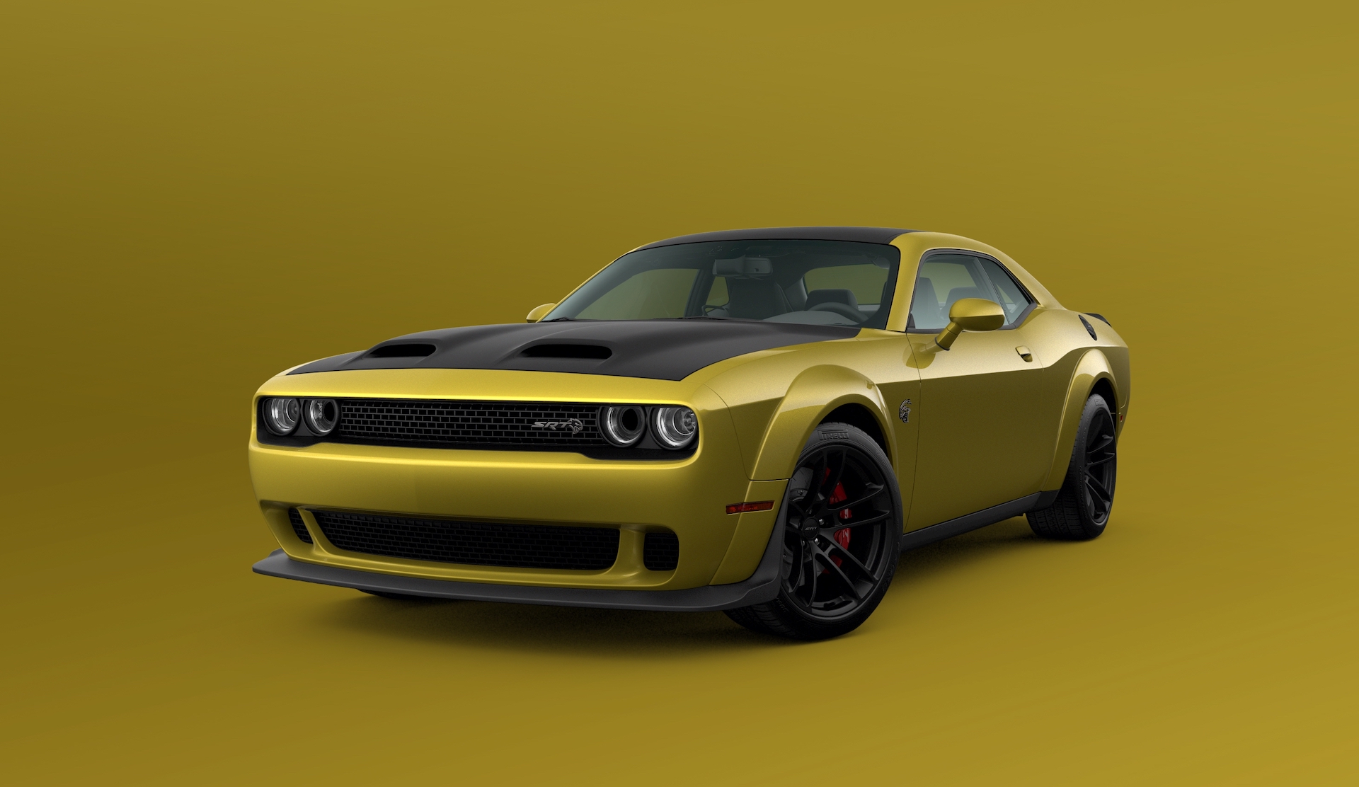 A digital image of a 2021 Dodge Challenger featuring the new Gold Rush paint color.