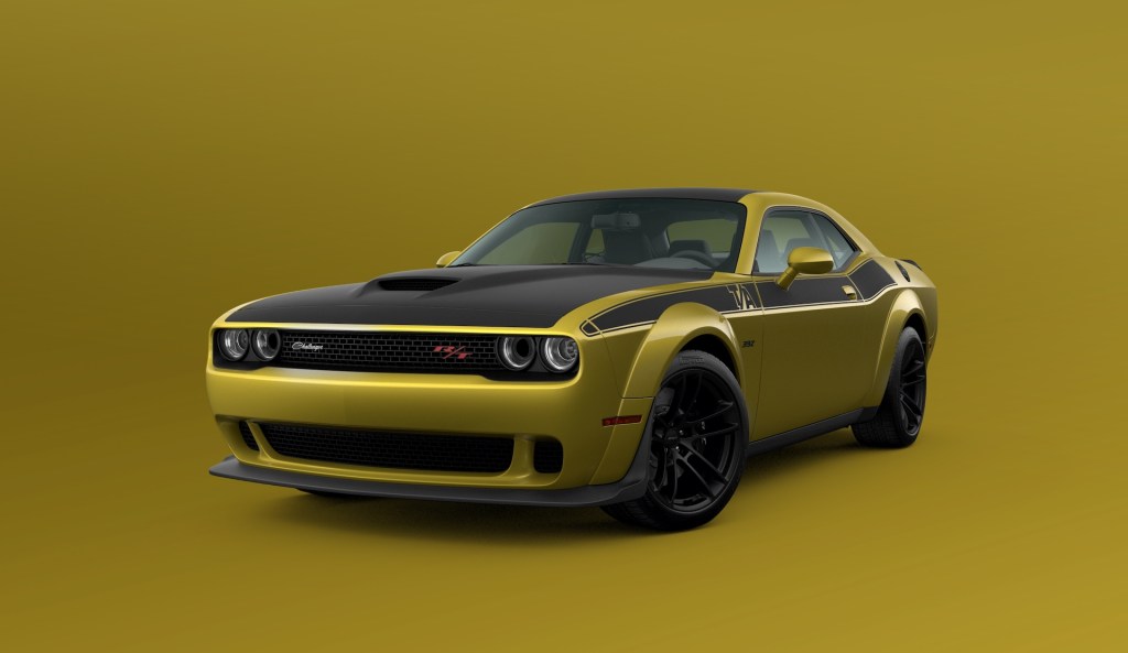 A digital image of a 2021 Dodge Challenger featuring the new Gold Rush paint color.
