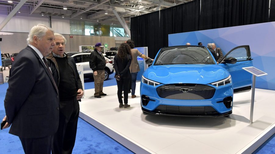 An electric Ford Mustang Mach-E is seen at the 2020 New England Auto Show Press Preview at Boston Convention & Exhibition Center