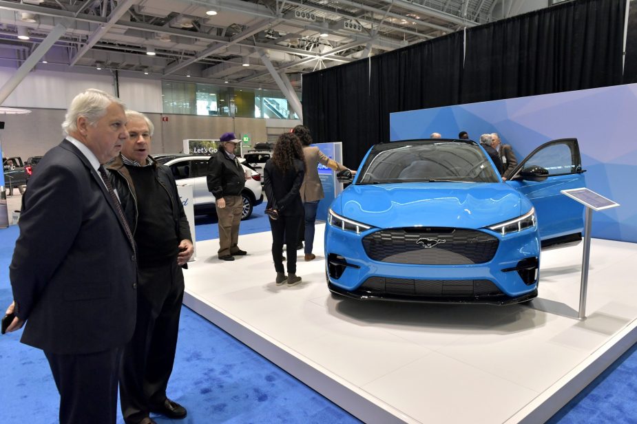 An electric Ford Mustang Mach-E is seen at the 2020 New England Auto Show Press Preview at Boston Convention & Exhibition Center