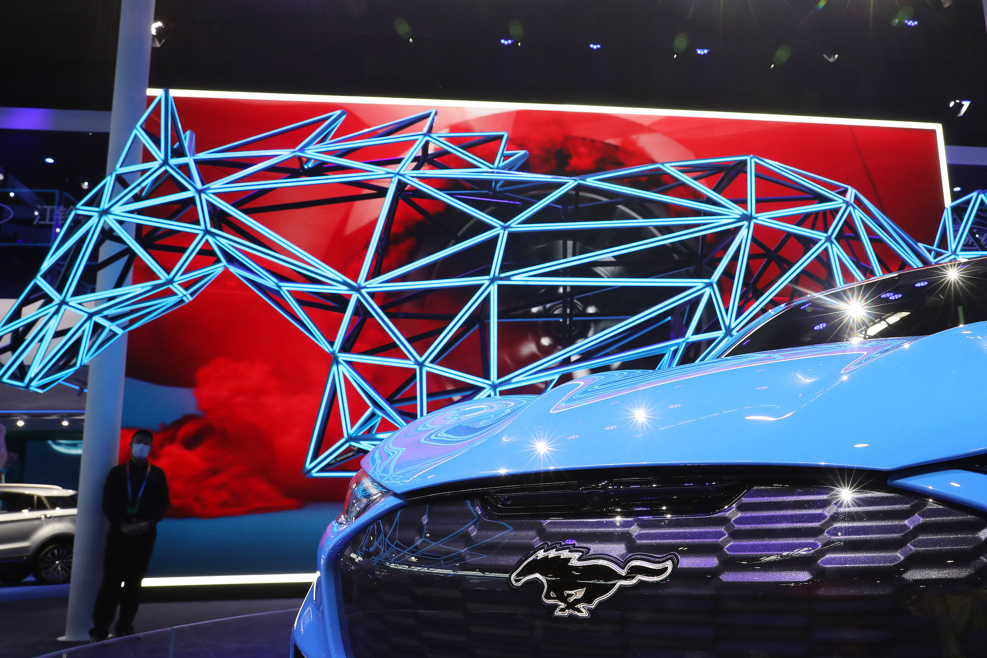 A Ford Mustang Mach-E sports car is on display during 2020 Beijing International Automotive Exhibition