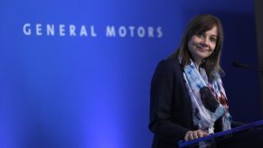 GM CEO Mary Barra talks to the media