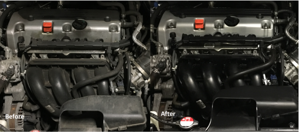A "before and after" shot of a Honda Accord engine bay cleaned by Scrubbing Bubbles 