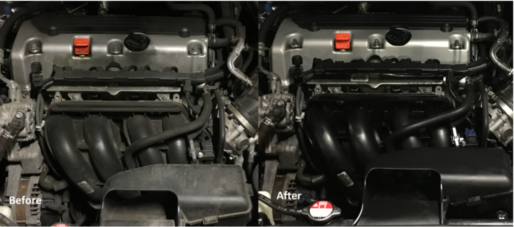 A "before and after" shot of a Honda Accord engine bay cleaned by Scrubbing Bubbles