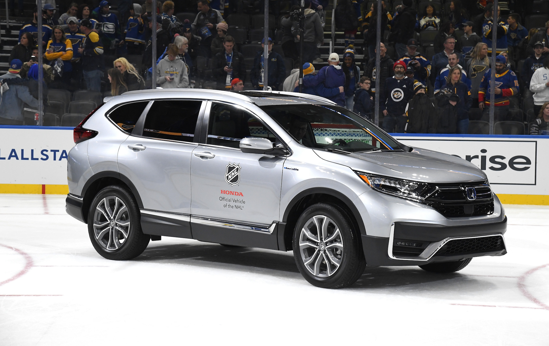 A general view of the official vehicle, the Honda CR-V, is seen on the ice after the 2020 NHL All-Star Game