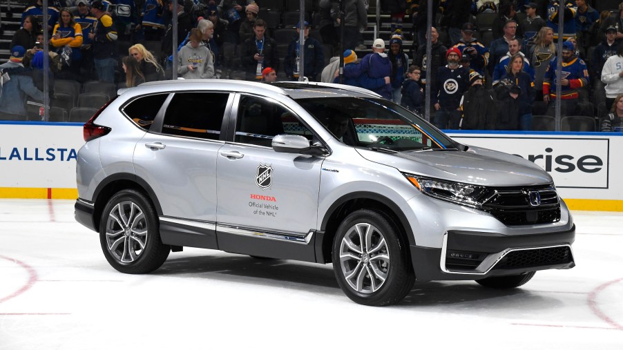 A general view of the official vehicle, the Honda CR-V, is seen on the ice after the 2020 NHL All-Star Game