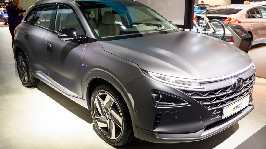 A 2020 Hyundai Nexo hydrogen fuel cell electric vehicle on display at Brussels Expo on January 9, 2020, in Brussels, Belgium