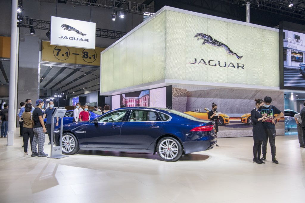 A Jaguar booth set up at an auto show