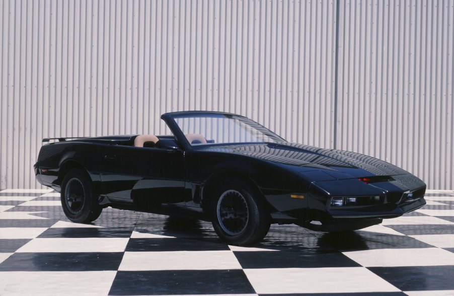 A black convertible Pontiac Firebird used as one of the original KITT cars from the 1980s TV series 'Knight Rider'