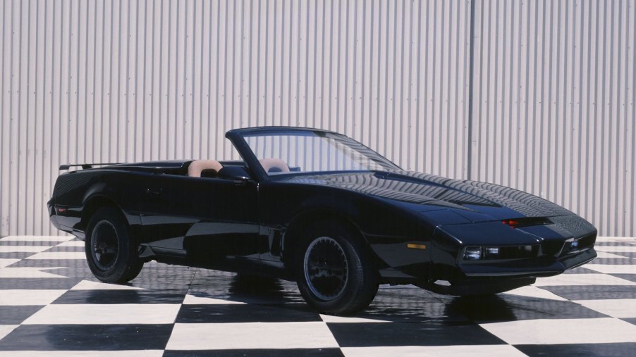 A black convertible Pontiac Firebird used as one of the original KITT cars from the 1980s TV series 'Knight Rider'